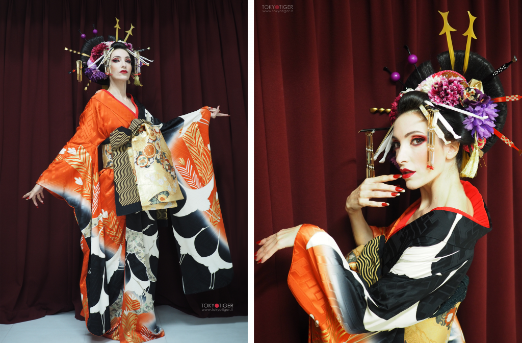 Franca Zol detta tokyotiger o Tokyo tiger costume da  oiran con le tsuru le gru giapponesi